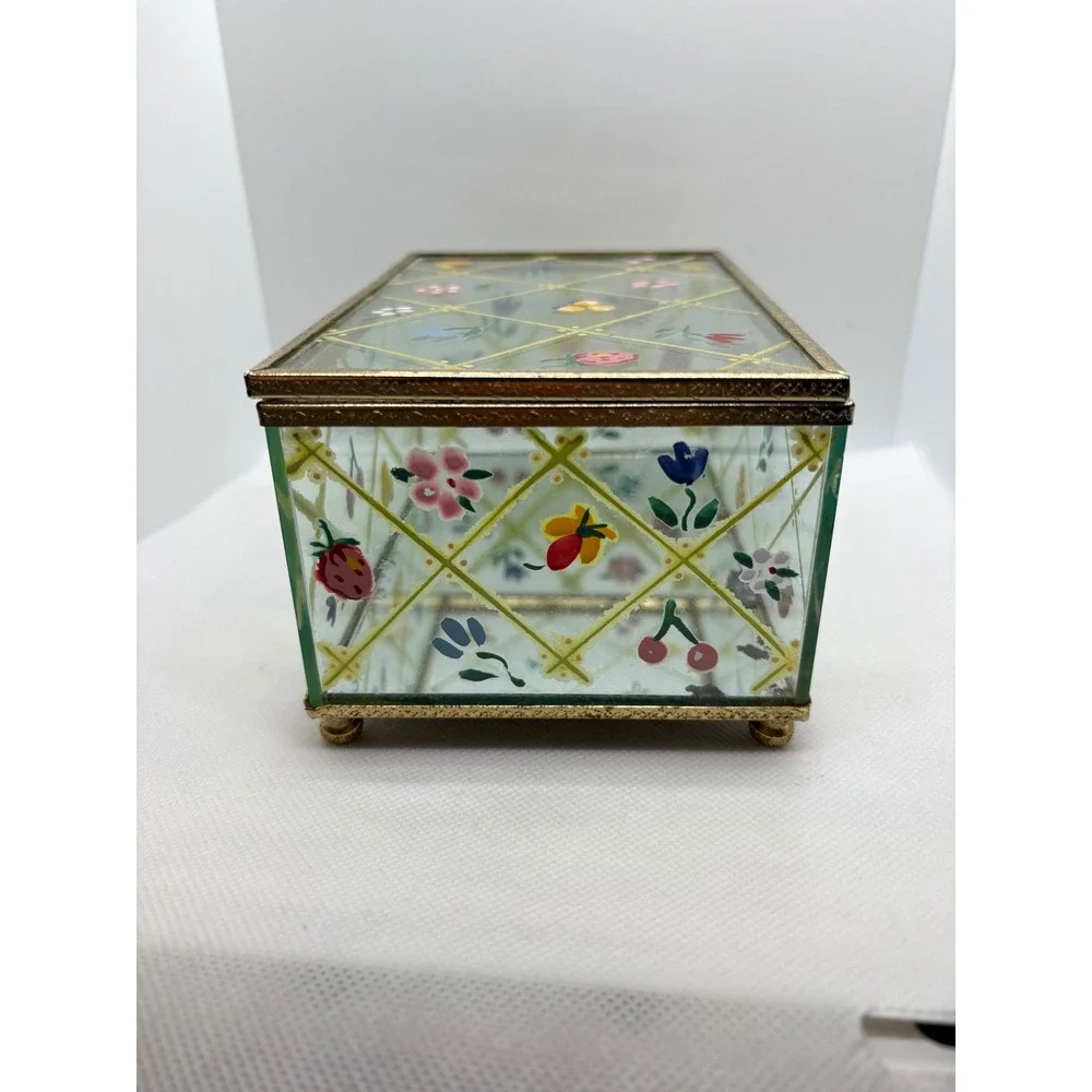 Vintage Hand Painted Glass Jewelry Box Floral Fruit Lattice Brass Trim Mirrored